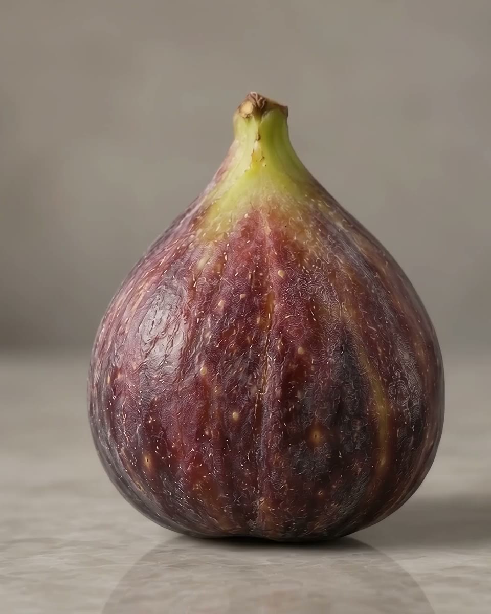 A ripe purple fig on a stone surface, ready to be cut