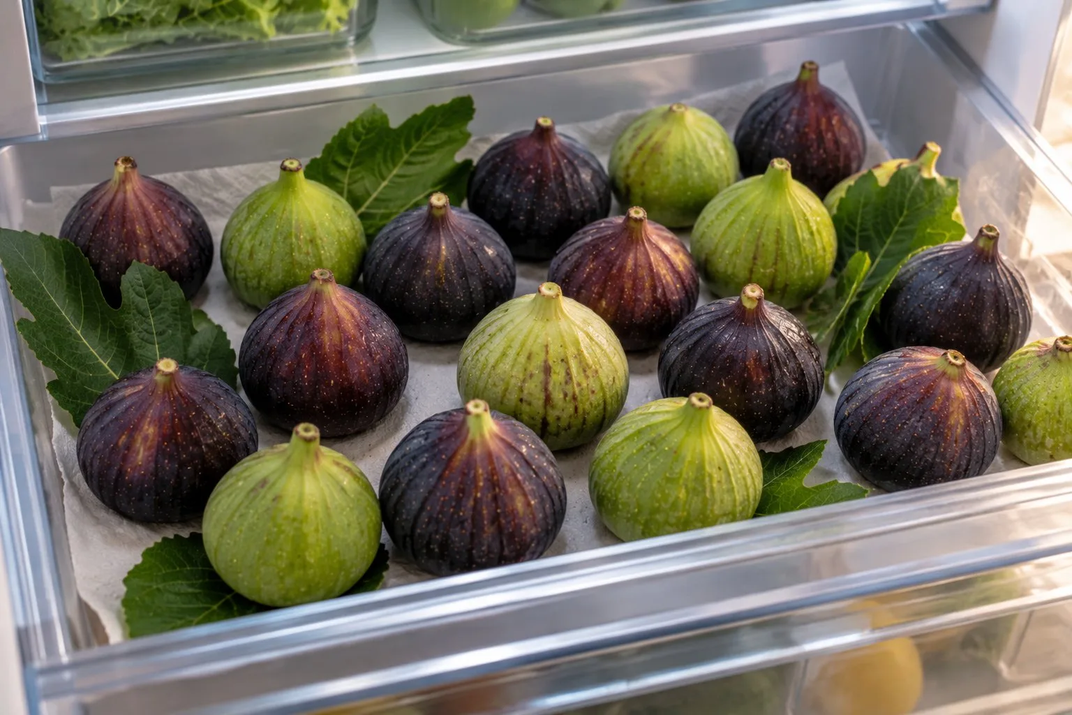 Figs in a single layer in a shallow box