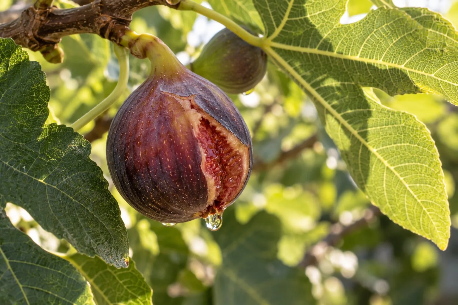 Ripe fig drooping on its stem
