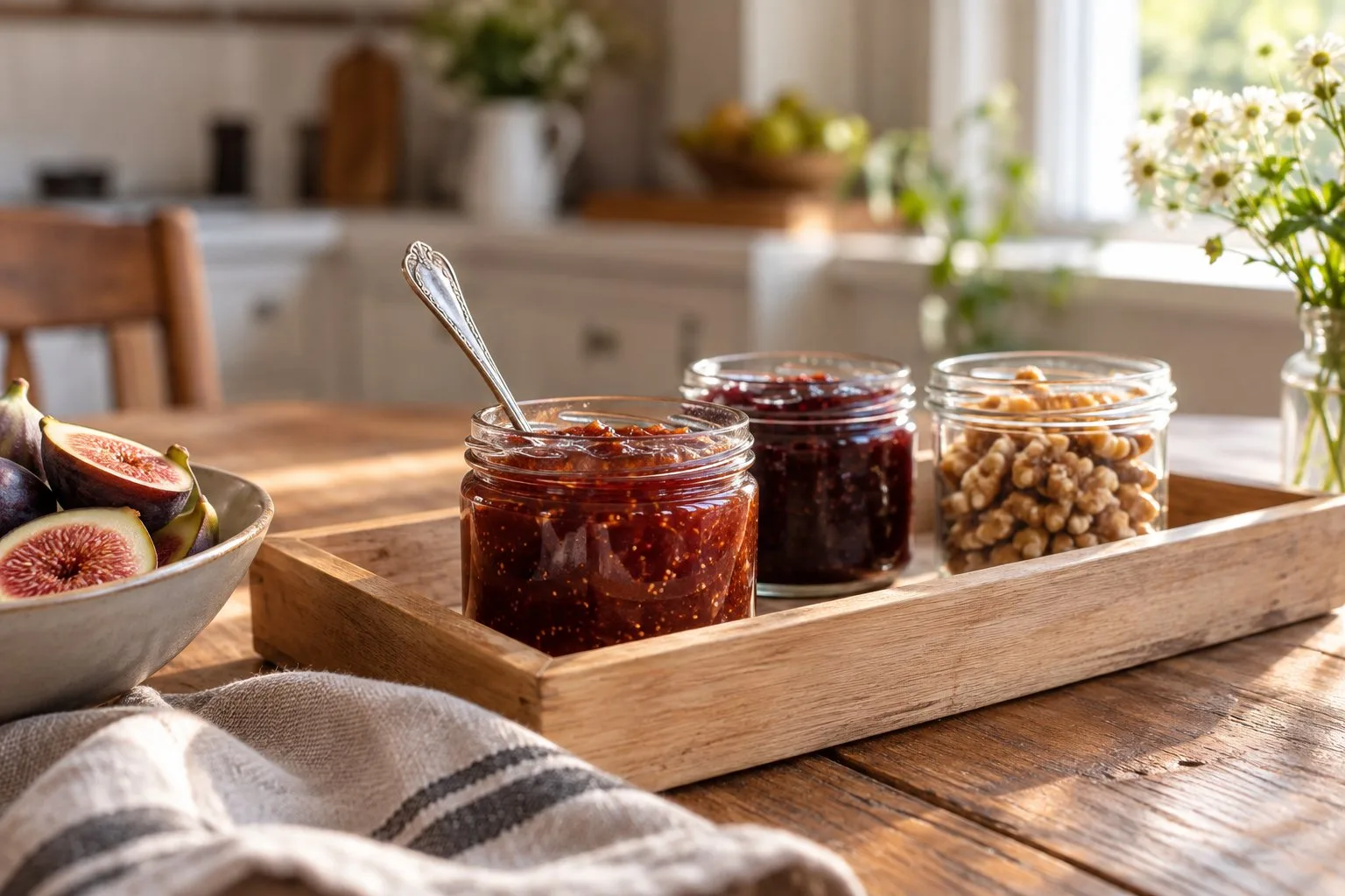 Filling jars with fig jam