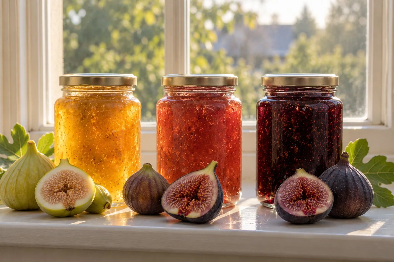 Three jars of jam in different colours