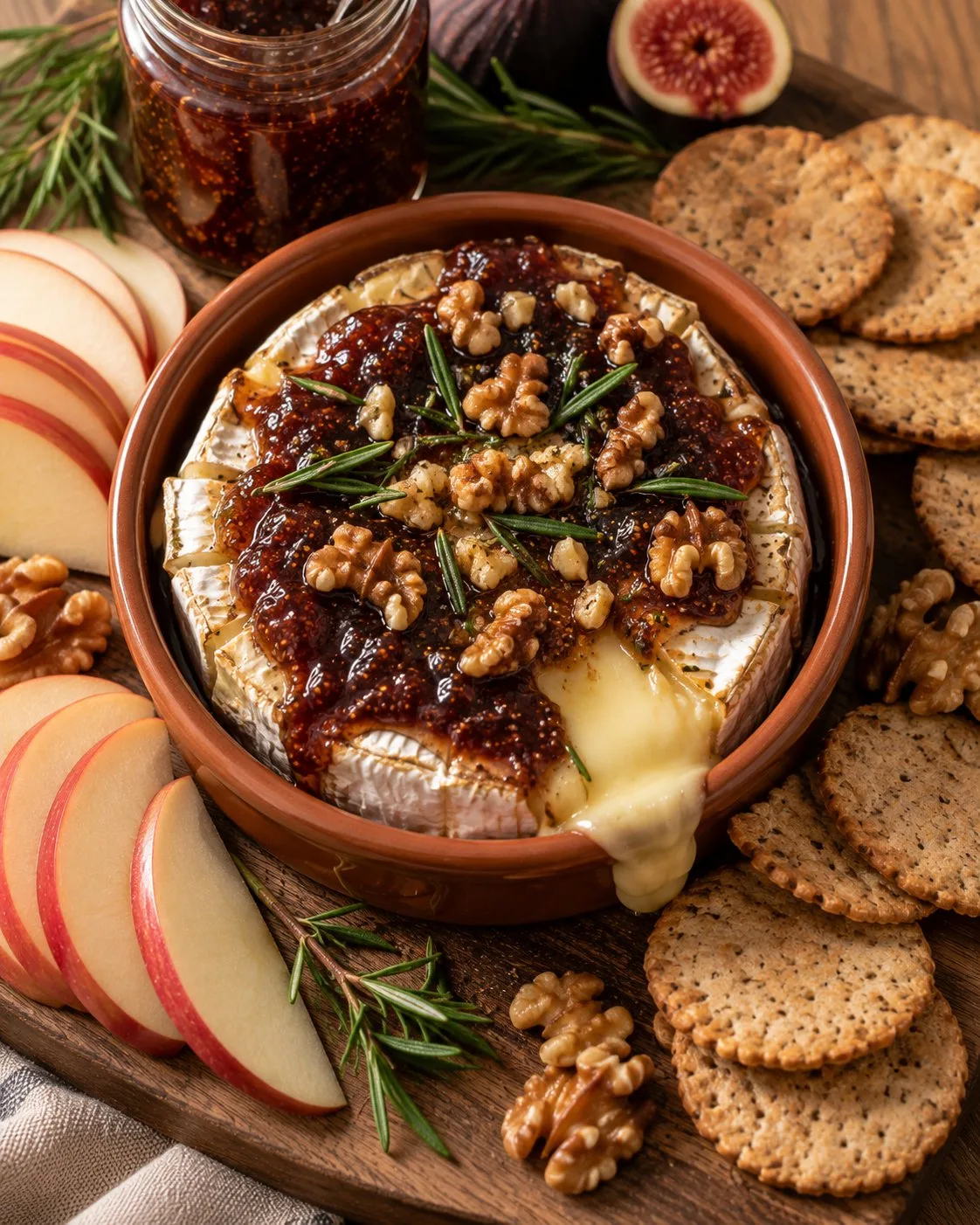 Baked brie topped with fig jam and walnuts