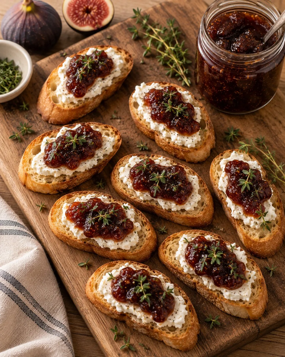 Crostini topped with goat cheese and fig jam