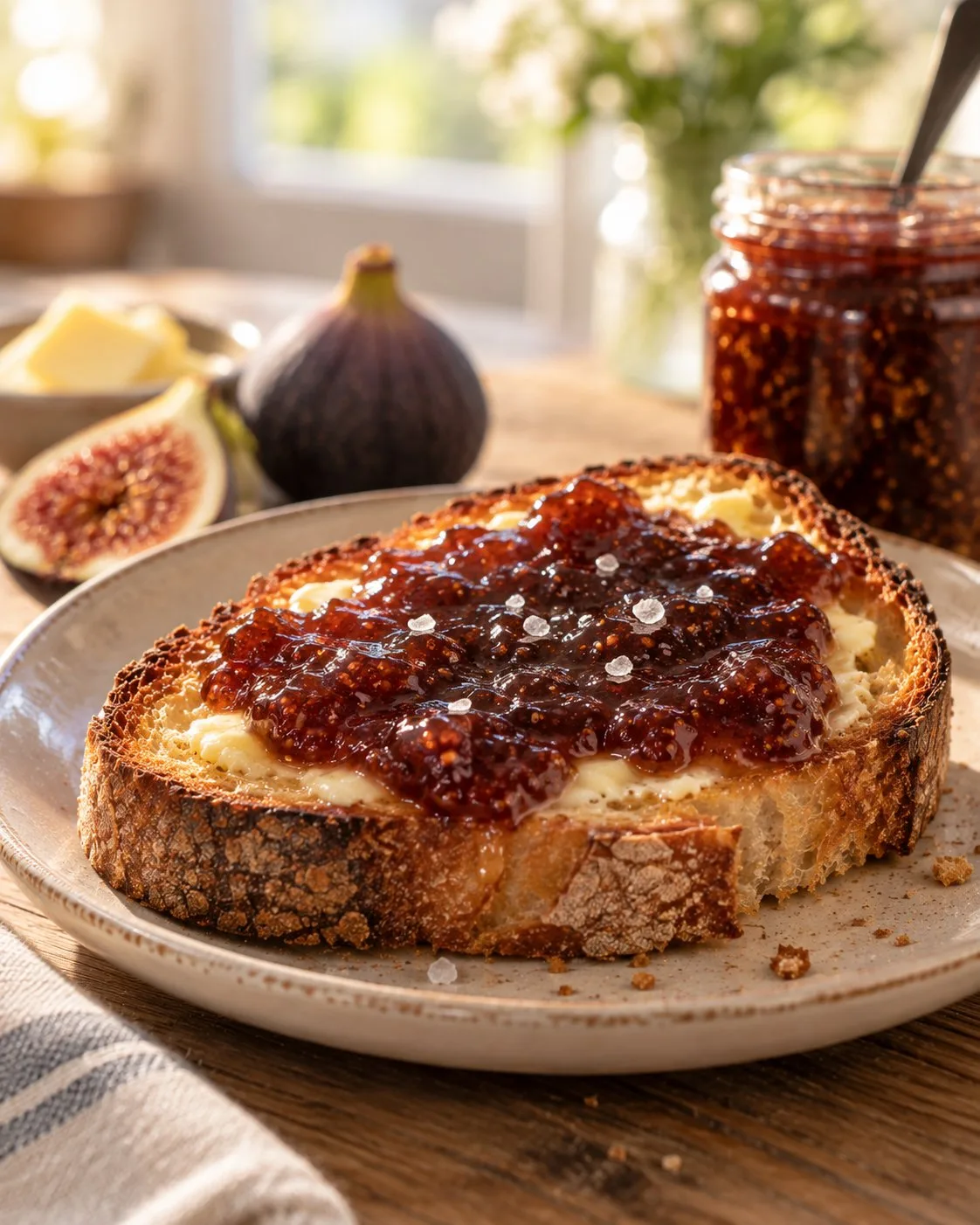 Thick slice of toast spread with fig jam
