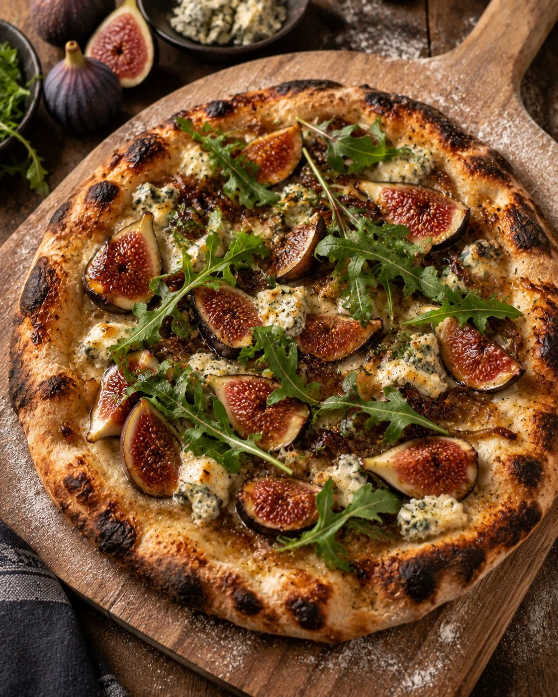 Pizza topped with figs, gorgonzola and rocket