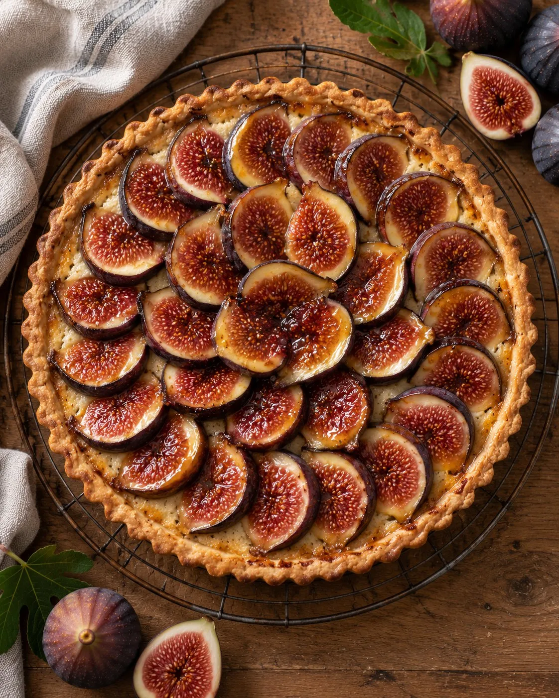 Fresh fig tart with halved figs on almond cream